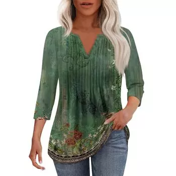 Женская модная повседневная плиссированная футболка с V-образным вырезом и рукавом семь четвертей S синий