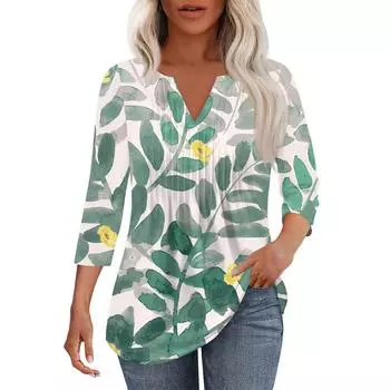 Женская модная повседневная плиссированная футболка с V-образным вырезом и рукавом семь четвертей S