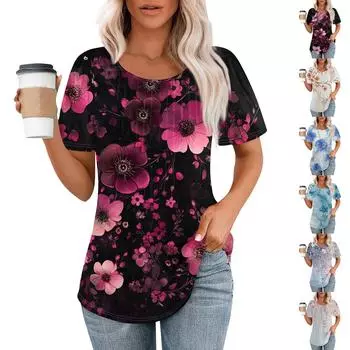 Женская модная повседневная плиссированная футболка в полоску с круглым вырезом и цветочным принтом с короткими рукавами, топ L горячий розовый