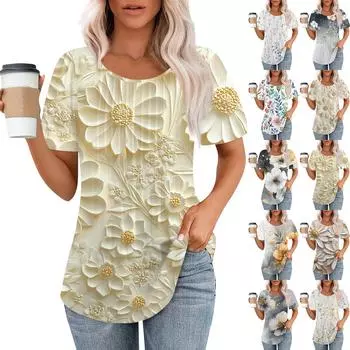 Женская модная повседневная плиссированная футболка в полоску с круглым вырезом и цветочным принтом с короткими рукавами, топ L синий