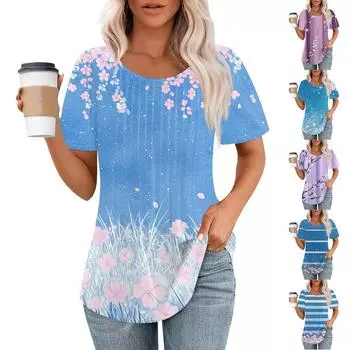 Женская модная повседневная плиссированная футболка в полоску с круглым вырезом и цветочным принтом с короткими рукавами, топ L горячий розовый