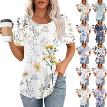 Женская модная повседневная плиссированная футболка в полоску с круглым вырезом и цветочным принтом с короткими рукавами, топ L синий