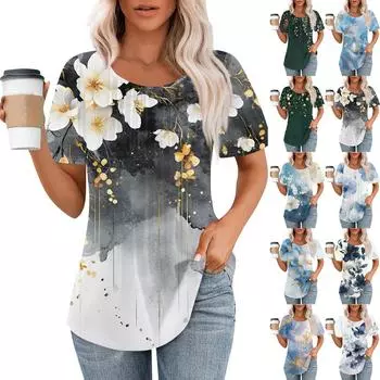 Женская модная повседневная плиссированная футболка в полоску с круглым вырезом и цветочным принтом с короткими рукавами, топ L синий