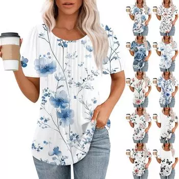 Женская модная повседневная плиссированная футболка в полоску с круглым вырезом и цветочным принтом с короткими рукавами, топ L синий