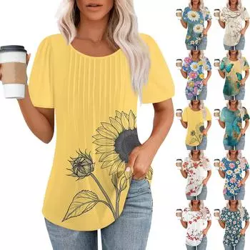 Женская модная повседневная плиссированная футболка в полоску с круглым вырезом и цветочным принтом с короткими рукавами, топ L синий