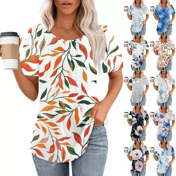 Женская модная повседневная плиссированная футболка в полоску с круглым вырезом и цветочным принтом с короткими рукавами, топ L синий