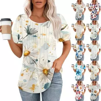 Женская модная повседневная плиссированная футболка в полоску с круглым вырезом и цветочным принтом с короткими рукавами, топ L синий