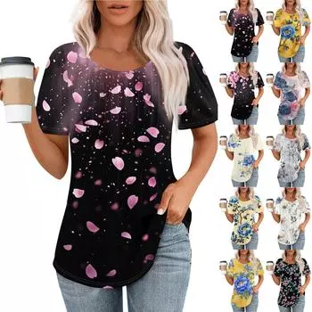 Женская модная повседневная плиссированная футболка в полоску с круглым вырезом и цветочным принтом с короткими рукавами, топ L синий