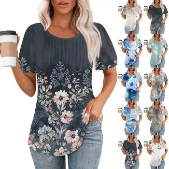 Женская модная повседневная плиссированная футболка в полоску с круглым вырезом и цветочным принтом с короткими рукавами, топ L синий