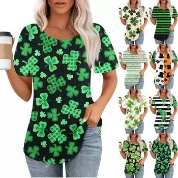 Женская модная повседневная плиссированная круглая горловина St. Футболка с короткими рукавами и принтом ко Дню Святого Патрика S