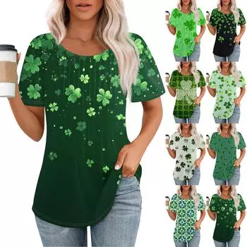 Женская модная повседневная плиссированная круглая горловина St. Футболка с короткими рукавами и принтом ко Дню Святого Патрика XXL