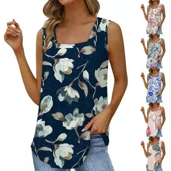 Женская модная повседневная плиссированная майка без рукавов с круглым вырезом и цветочным принтом L синий