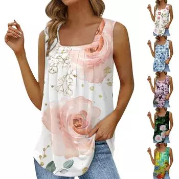 Женская модная повседневная плиссированная майка без рукавов с круглым вырезом и цветочным принтом L розовый