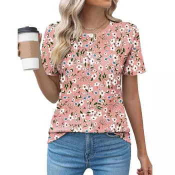 Женская модная повседневная плиссированная пуловер с коротким рукавом и круглым вырезом с принтом, блузка, футболка, топы L розовый