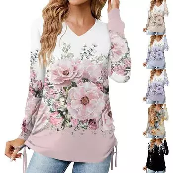 Женская модная повседневная плиссированная свободная футболка с длинными рукавами и v-образным вырезом с принтом XL