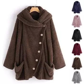 Женская модная повседневная плюшевая однотонная куртка с высоким воротником и длинными рукавами и карманами на пуговицах S винный