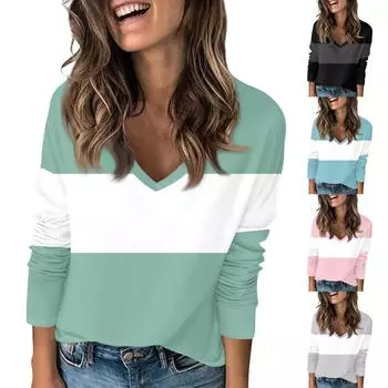 Женская модная повседневная полосатая футболка с V-образным вырезом и длинными рукавами L чёрный