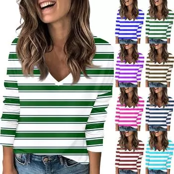 Женская модная повседневная полосатая футболка с V-образным вырезом и длинными рукавами L армия зеленый