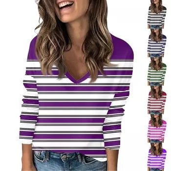 Женская модная повседневная полосатая футболка с V-образным вырезом и длинными рукавами L армия зеленый
