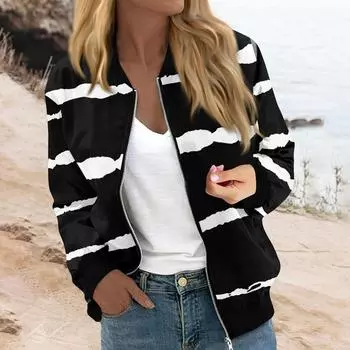 Женская модная повседневная полосатая куртка с принтом в стиле пэчворк на молнии с карманами S чёрный
