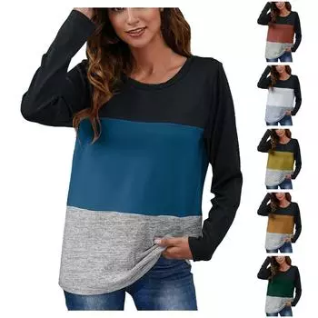 Женская модная повседневная полосатая плюшевая футболка с круглым вырезом и длинным рукавом S хаки