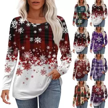 Женская модная повседневная рождественская футболка с круглым вырезом и длинными рукавами L синий