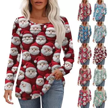 Женская модная повседневная рождественская футболка с круглым вырезом и длинными рукавами M винный