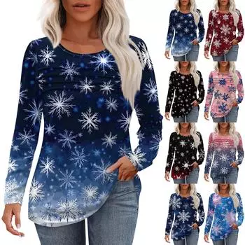 Женская модная повседневная рождественская футболка с круглым вырезом и длинными рукавами XXL синий