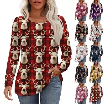 Женская модная повседневная рождественская футболка с круглым вырезом и длинными рукавами XXXL