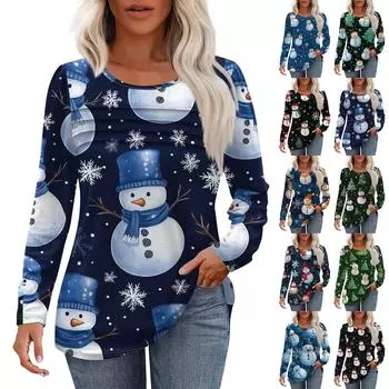 Женская модная повседневная рождественская футболка с круглым вырезом и длинными рукавами L чёрный