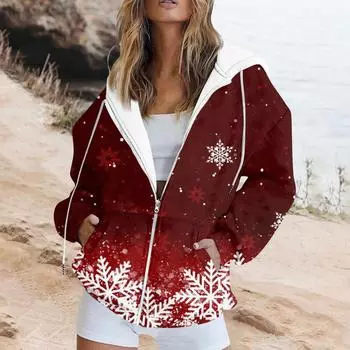 Женская модная повседневная рождественская печатная толстовка на осень и зиму с длинным рукавом и карманом, кардиган, куртка с капюшоном на молнии, пальто M