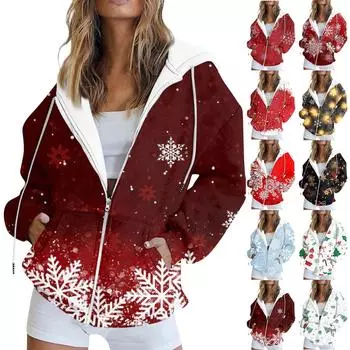 Женская модная повседневная рождественская печатная толстовка на осень и зиму с длинным рукавом и карманом, кардиган, куртка с капюшоном на молнии, пальто XL золотой