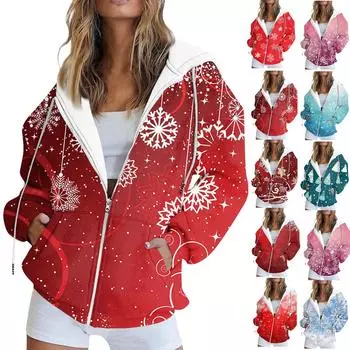 Женская модная повседневная рождественская печатная толстовка на осень и зиму с длинным рукавом и карманом, кардиган, куртка с капюшоном на молнии, пальто S