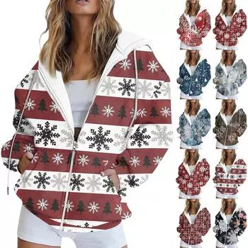Женская модная повседневная рождественская печатная толстовка на осень и зиму с длинным рукавом и карманом, кардиган, куртка с капюшоном на молнии, пальто XXL синий