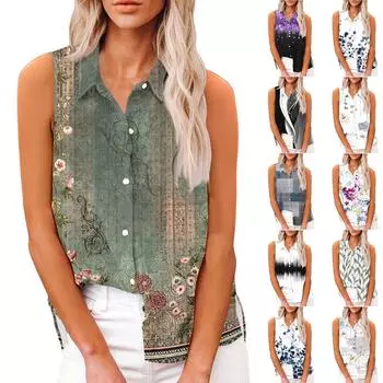 Женская модная повседневная рубашка без рукавов с принтом, рубашка на пуговицах, футболка, топ L чёрный