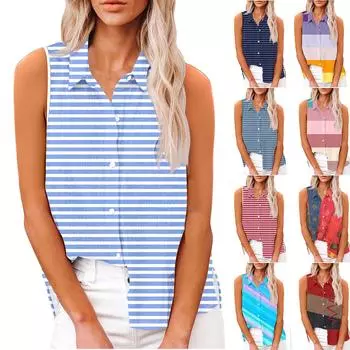 Женская модная повседневная рубашка без рукавов с принтом, рубашка на пуговицах, футболка, топ L синий