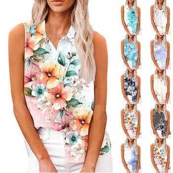 Женская модная повседневная рубашка без рукавов с принтом, рубашка на пуговицах, футболка, топ L бежевый