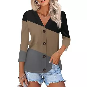 Женская модная повседневная рубашка на пуговицах с геометрическим принтом в полоску, топ-кардиган с рукавом три четверти L коричневый