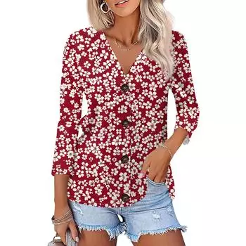 Женская модная повседневная рубашка на пуговицах с принтом, топ с рукавами 3/4 S красный