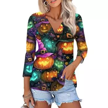 Женская модная повседневная рубашка на пуговицах с принтом, топ с рукавами 3/4 L темно-зеленого