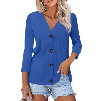 Женская модная повседневная рубашка на пуговицах с принтом, топ с рукавами 3/4 L синий