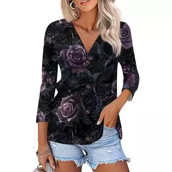 Женская модная повседневная рубашка на пуговицах с принтом, топ с рукавами 3/4 L чёрный