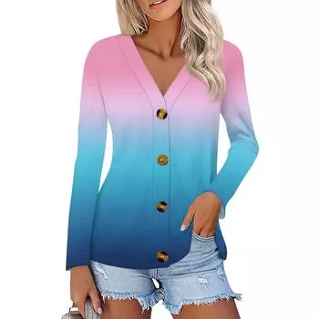 Женская модная повседневная рубашка на пуговицах с принтом, топы с длинным рукавом L синий