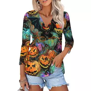 Женская модная повседневная рубашка на пуговицах с принтом, топ с рукавами 3/4 L темно-зеленого