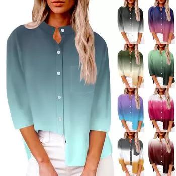 Женская модная повседневная рубашка на пуговицах с семью рукавами и градиентным принтом L армия зеленый