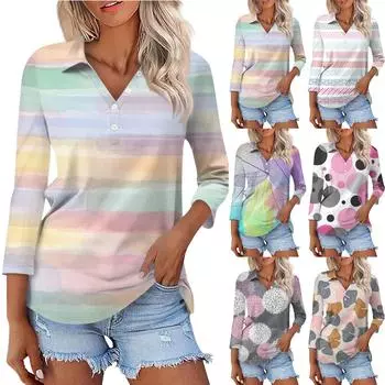 Женская модная повседневная рубашка на пуговицах с рукавом три четверти и полосатым принтом с лацканами L коричневый