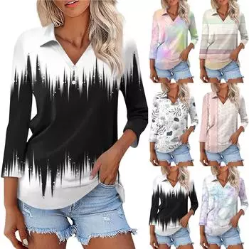 Женская модная повседневная рубашка на пуговицах с рукавом три четверти и полосатым принтом с лацканами XL