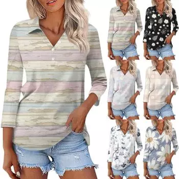 Женская модная повседневная рубашка на пуговицах с рукавом три четверти и полосатым принтом с лацканами XXXL