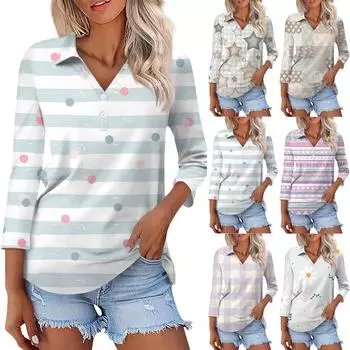 Женская модная повседневная рубашка на пуговицах с рукавом три четверти и полосатым принтом с лацканами L темно-фиолетового