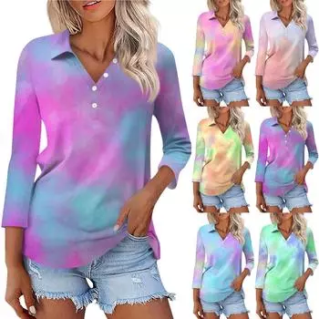 Женская модная повседневная рубашка на пуговицах с рукавом три четверти и полосатым принтом с лацканами L темно-фиолетового